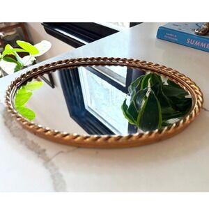 Vintage Gold Rope Edge Oval Mirrored Vanity Tray Hollywood Regency Perfume Tray